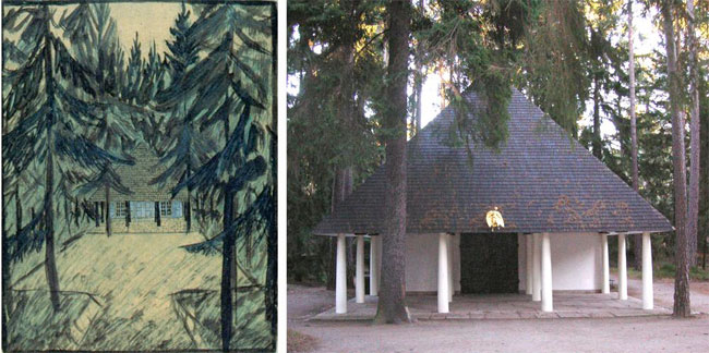 La-capilla-en-el-bosque.-Dibujo-original-de-Asplund-y-fachada.